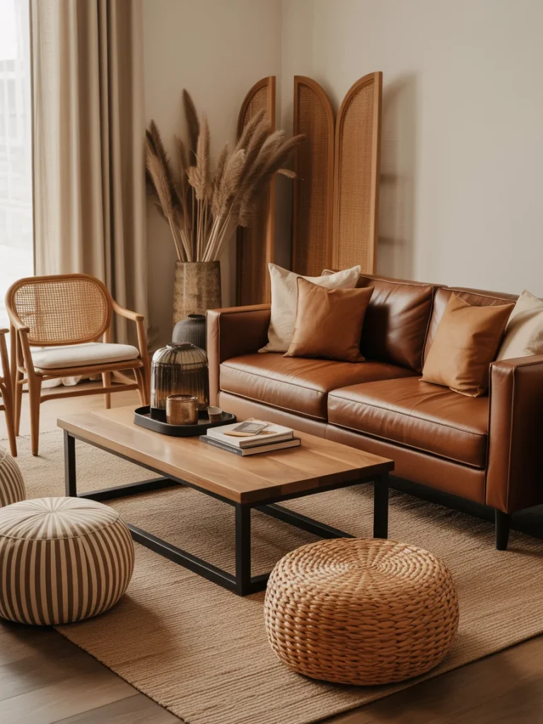 Modern brown living room with a leather sofa, wooden coffee table, and neutral accents in a cozy, earthy design.
