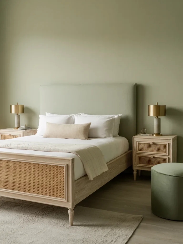 Sage green bedroom featuring light wood furniture, rattan details, and soft neutral bedding.