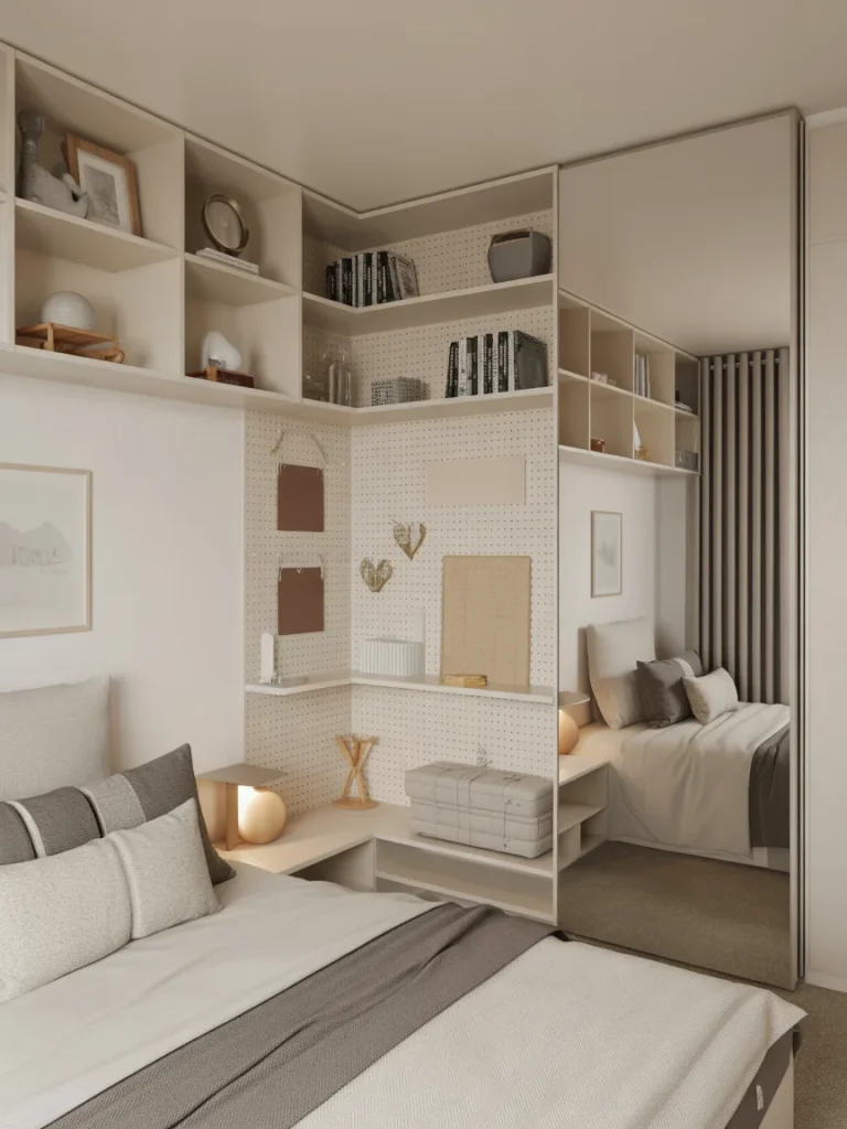 Small bedroom with vertical storage shelves and built-in organization around the bed.