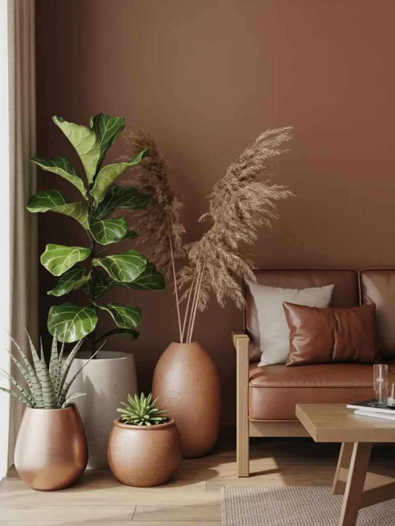 Brown living room corner styled with indoor plants, pampas grass, and terracotta vases beside a leather sofa for a natural touch.