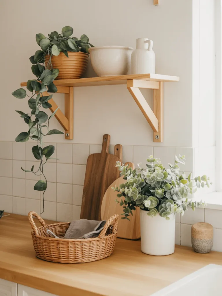 Earthy kitchen countertop with potted greenery, woven basket, and wooden accents for a natural touch.