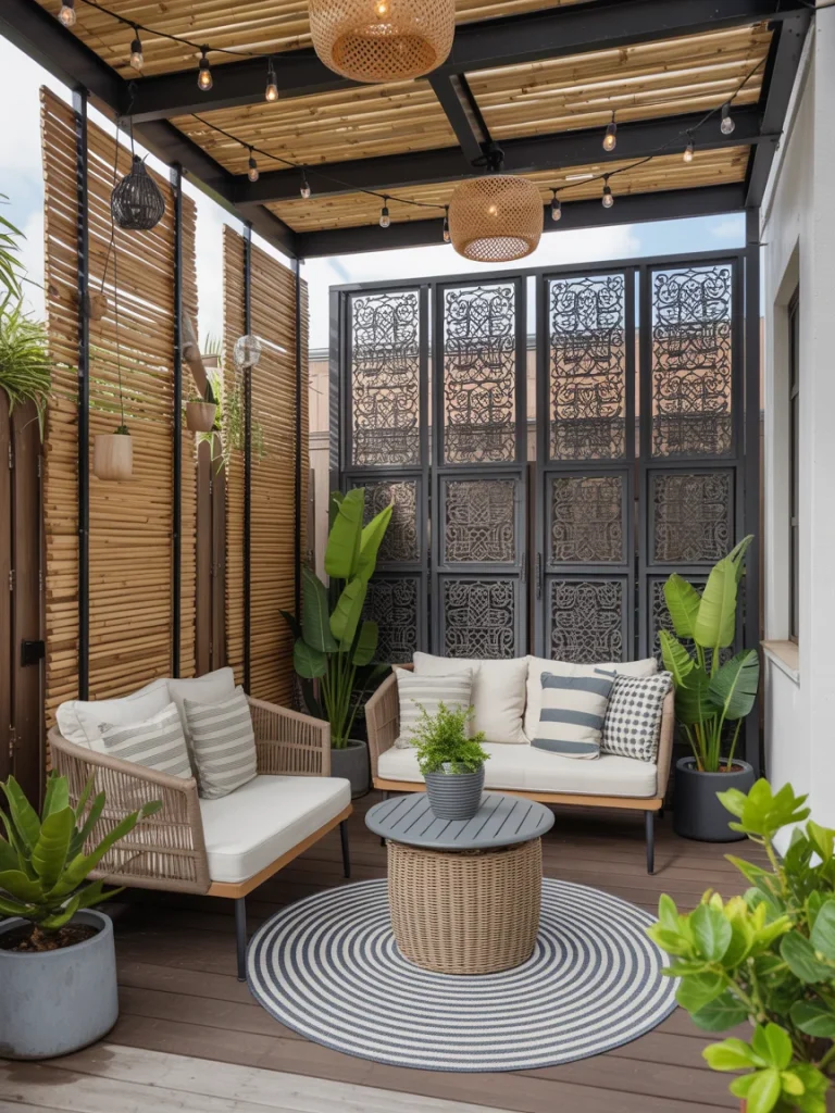 Cozy patio with hanging bamboo panels, decorative metal privacy screens, and modern outdoor seating for a stylish private retreat.