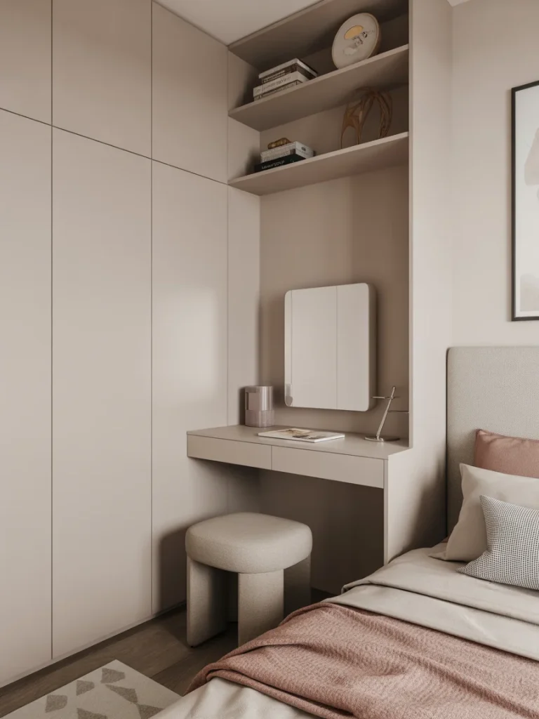Small bedroom with a built-in vanity and workspace corner in neutral tones.