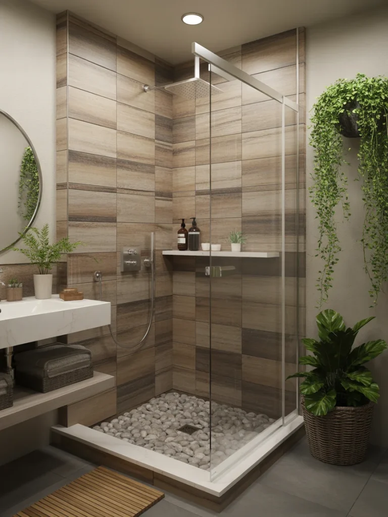 Small walk-in shower with wood-look tiles, glass enclosure, and pebble floor accented by lush green plants.