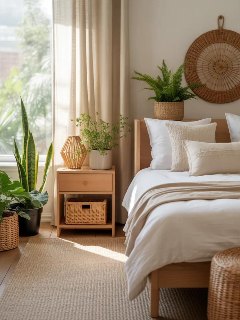 Bright bedroom with natural wood furniture, woven accents, and indoor plants.