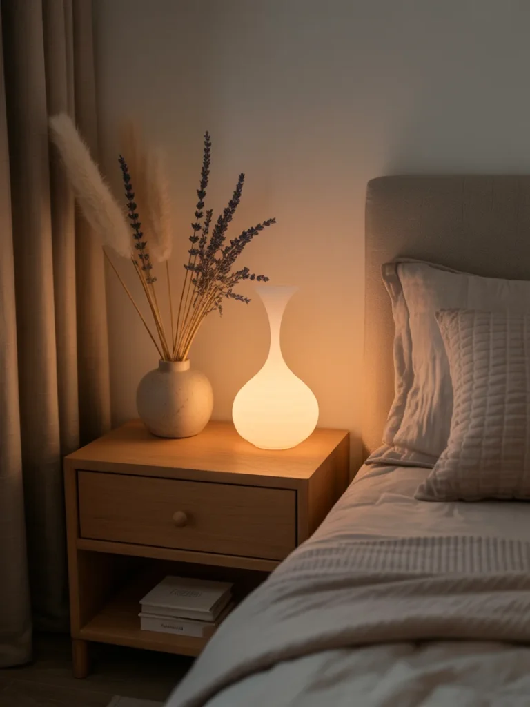 Minimalist bedroom nightstand with a glowing lamp, dried flowers, and soft neutral bedding creating a calming, sensory atmosphere.