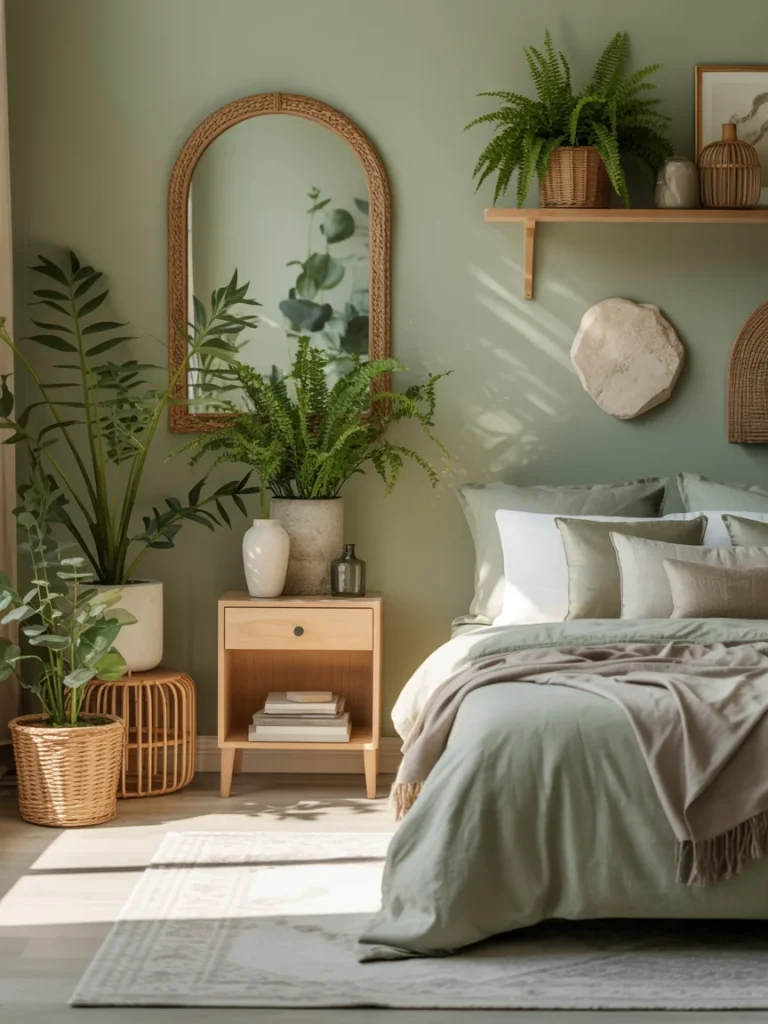 Sage green bedroom with indoor plants, natural wood furniture, and woven accents for a fresh, organic look.