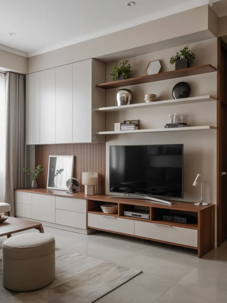 Modern open concept living room with built-in cabinetry and floating shelves for stylish, functional storage.