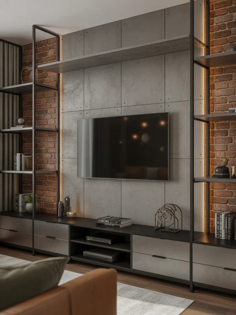 Industrial-style TV wall with exposed brick, metal shelving, and concrete panels for a modern urban look.