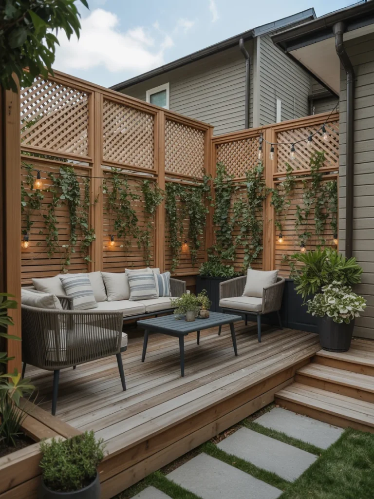 Outdoor patio with a wooden privacy fence featuring lattice panels, climbing plants, and cozy modern seating.