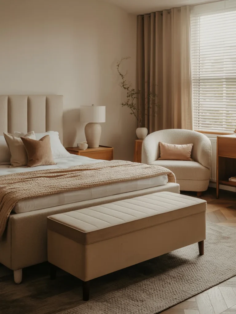 Warm and inviting bedroom with neutral furniture, soft lighting, and a cozy seating area designed for comfort and relaxation.