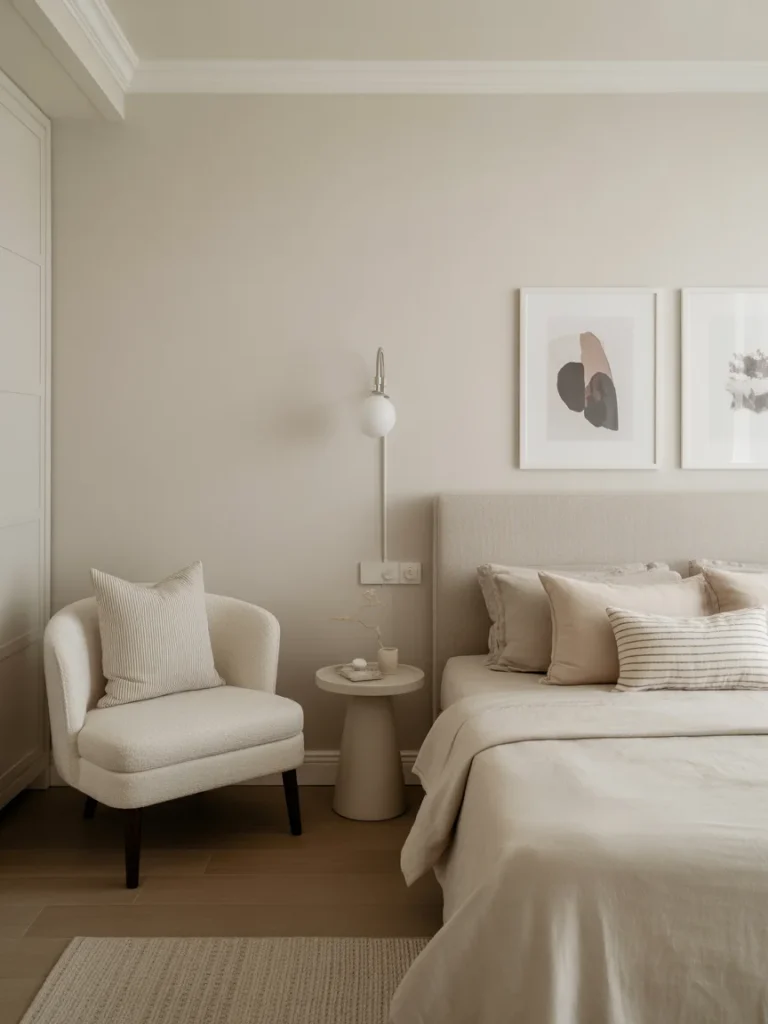 Minimalist small bedroom with neutral tones and cozy textures.