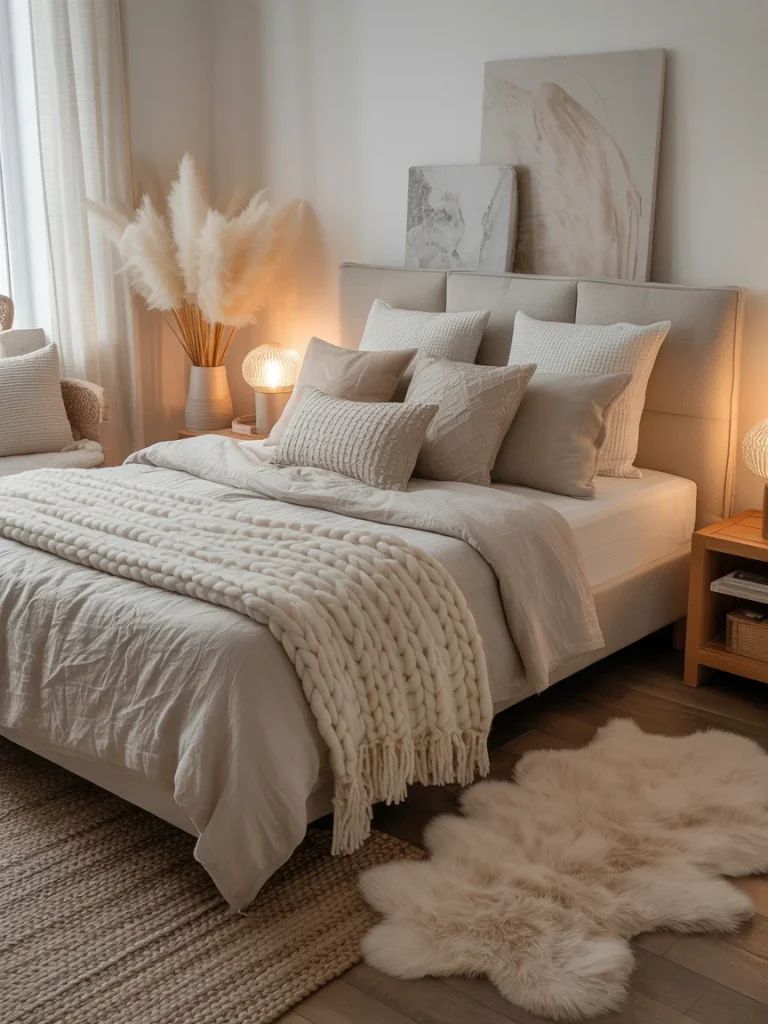 Neutral bedroom featuring layered textiles, chunky knit blankets, soft pillows, and warm lighting for a cozy and inviting atmosphere.