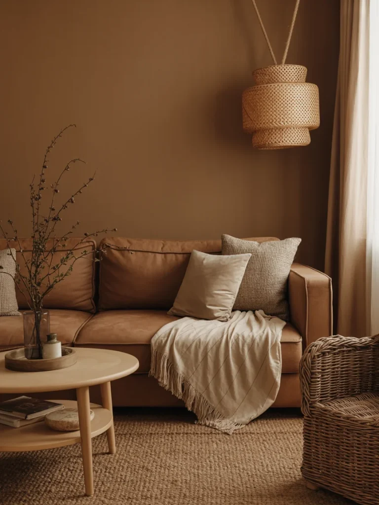 Warm brown living room with layered natural textures, featuring a leather sofa, woven chair, jute rug, and soft throw blanket.