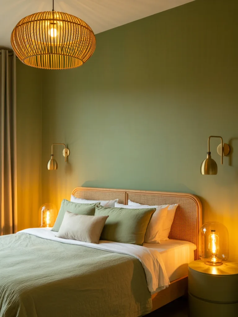 Sage green bedroom with warm lighting, rattan pendant light, and brass wall sconces creating a cozy atmosphere.