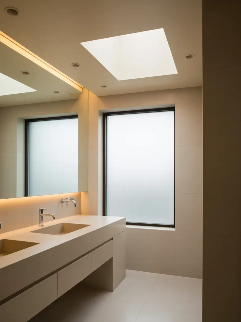 Minimalist bathroom with soft recessed lighting, large mirror, and natural skylight above modern double vanity.