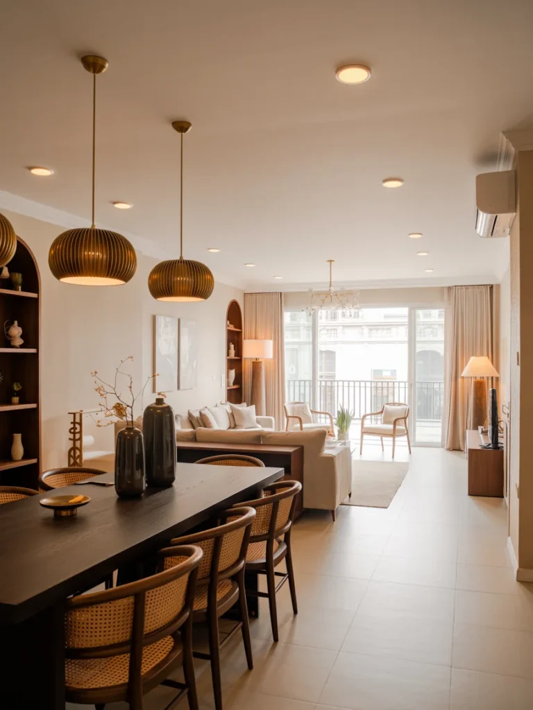 Open concept living and dining area with layered lighting, featuring pendant lights, floor lamps, and natural light from large windows.