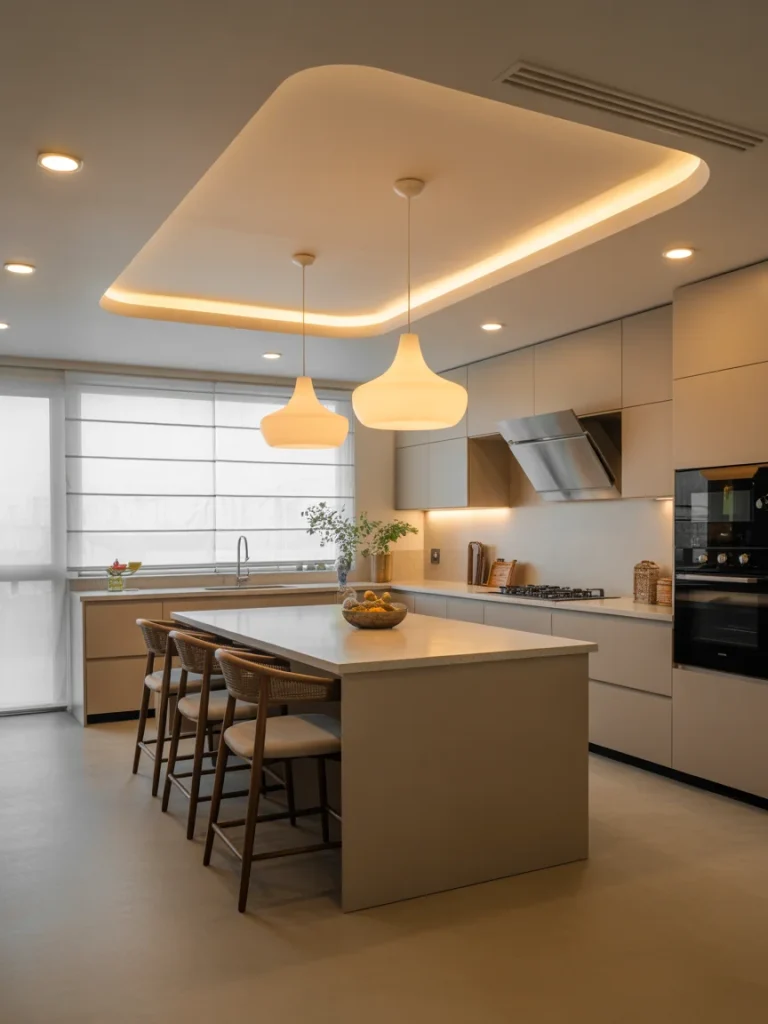 Modern kitchen with warm recessed lighting, pendant lamps, and a sleek central island.