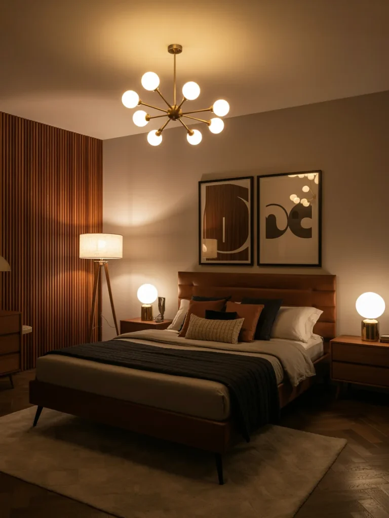Mid-century modern bedroom with warm ambient lighting, featuring a sputnik chandelier, globe table lamps, and wooden wall paneling.