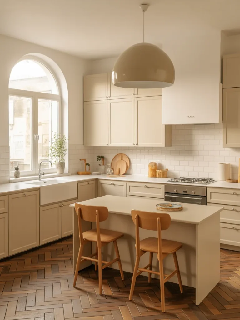 Earthy kitchen with warm pendant lighting, beige cabinetry, wooden bar stools, and natural light from an arched window.