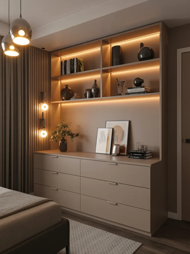Modern built-in dresser with warm LED lighting and open shelving displaying books and decor.