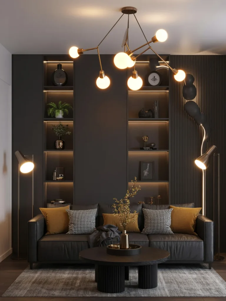 Modern black living room with warm ambient lighting, brass chandelier, and cozy accent pillows.
