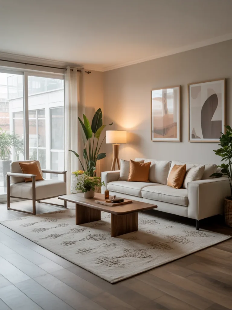 Cozy modern living room with neutral furniture, a beige sofa, wooden coffee table, and accent pillows in warm tones.