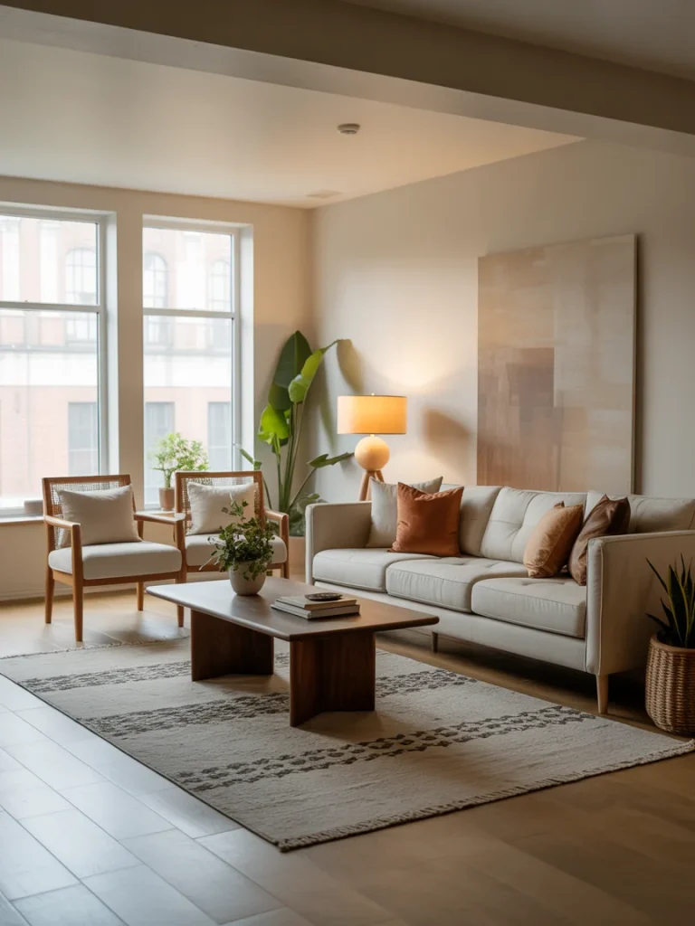Modern living room with neutral furniture, a beige sofa, wooden coffee table, and warm lighting creating a cozy, minimalist atmosphere.
