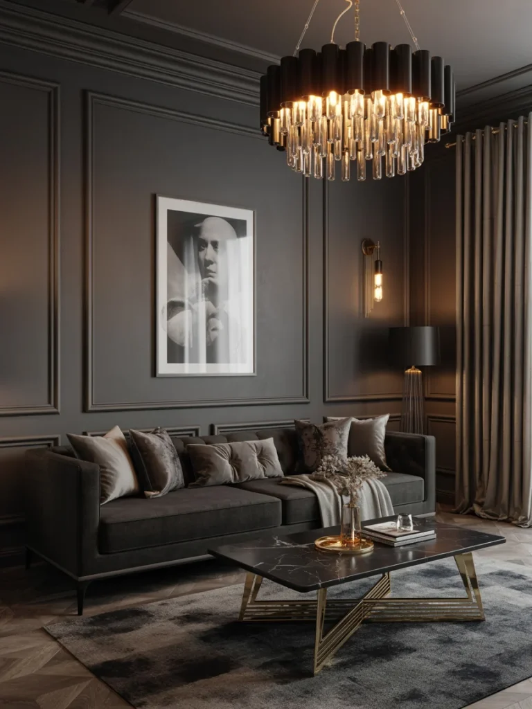 Luxury black and grey living room with elegant lighting, tufted sofa, and gold-accented marble coffee table.