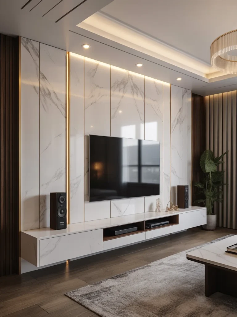 Luxury modern TV wall design featuring white marble panels with gold accents and integrated LED lighting.