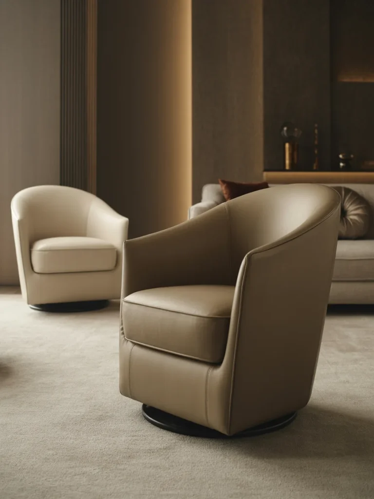 Elegant modern living room with two tan leather swivel chairs and a neutral sofa in a softly lit, luxurious interior.