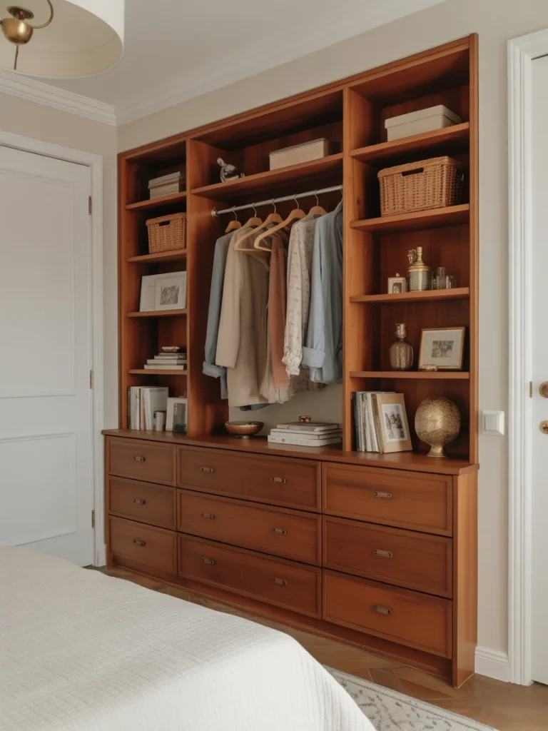 Classic wooden built-in dresser with open shelves, hanging clothes, and decorative baskets.