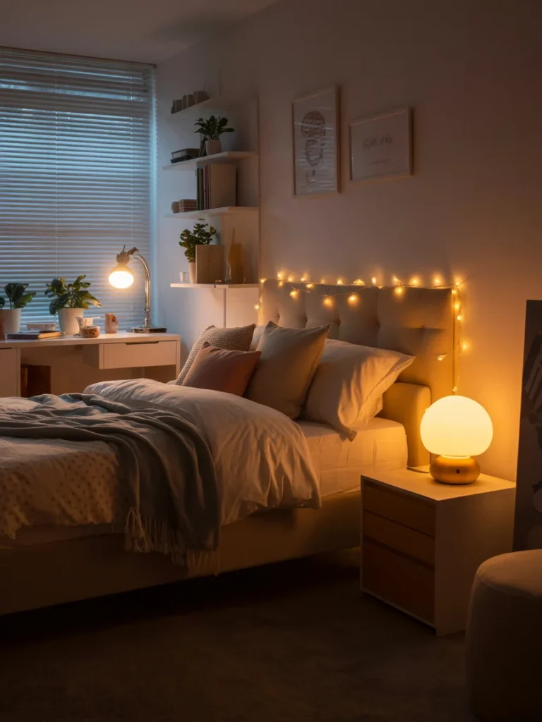 Warm and cozy university bedroom with soft lighting, fairy lights, and a glowing bedside lamp creating a relaxing atmosphere.