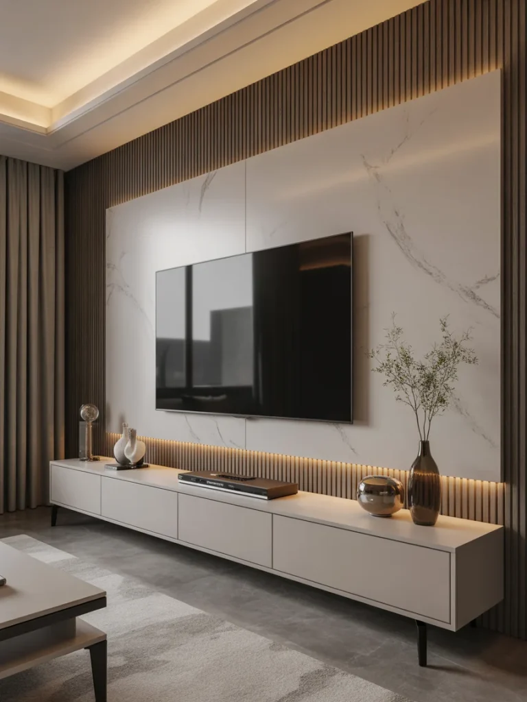 Modern living room TV wall with marble panels, wood slat accents, and warm ambient lighting.