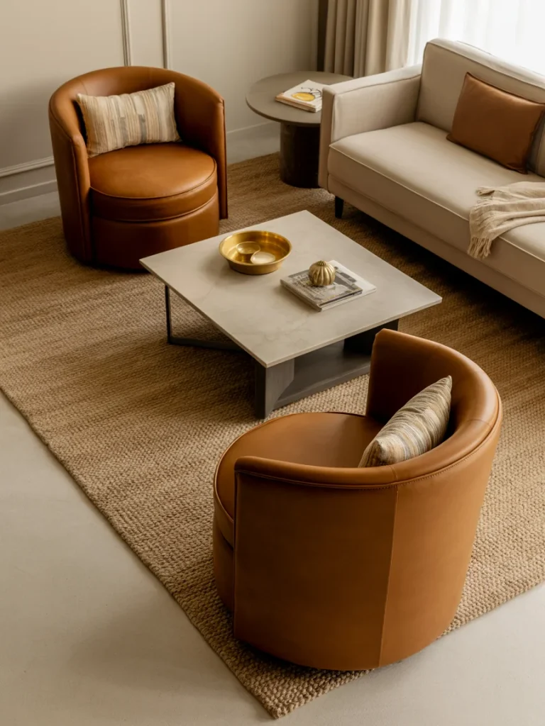 Stylish living room with two brown leather swivel chairs, a beige sofa, and a modern coffee table on a woven jute rug.