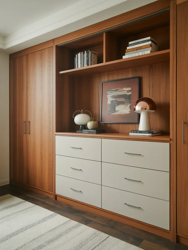 Built-in dresser with warm wood tones, matte beige drawers, and modern metal handles.