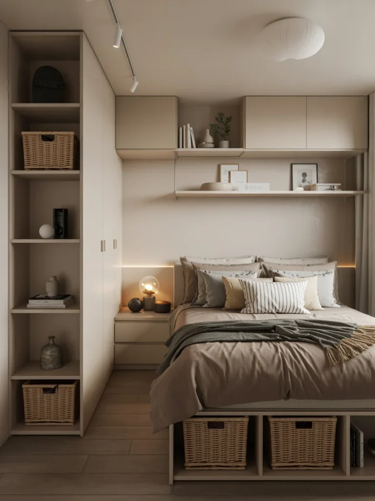 Compact bedroom with neutral tones, layered bedding, and smart storage solutions to maximize comfort and functionality.