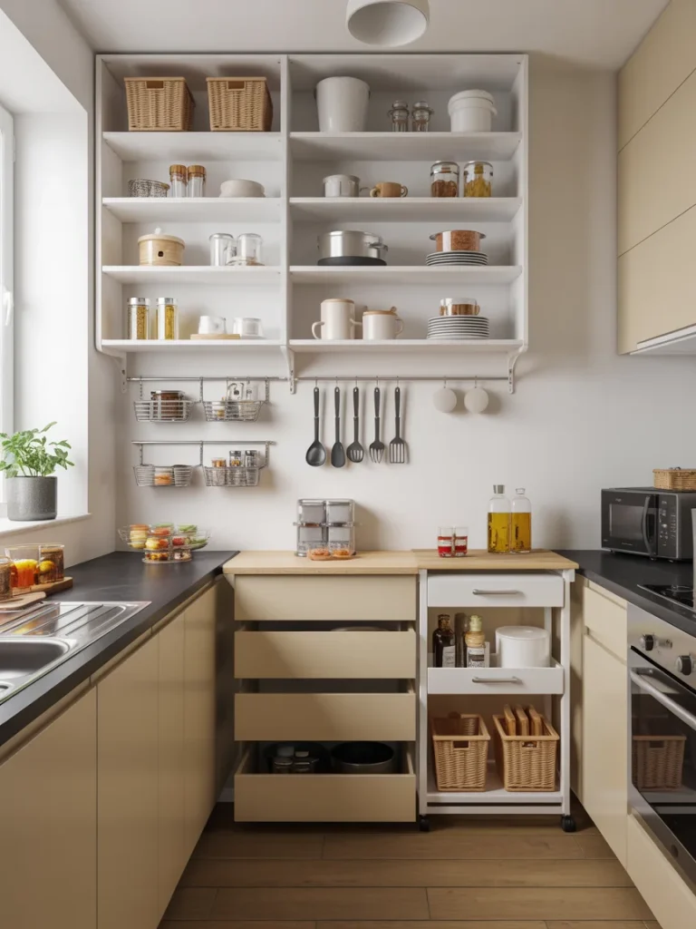 Organized modern kitchen with open shelving, beige cabinets, and smart storage solutions like pull-out drawers and wicker baskets.