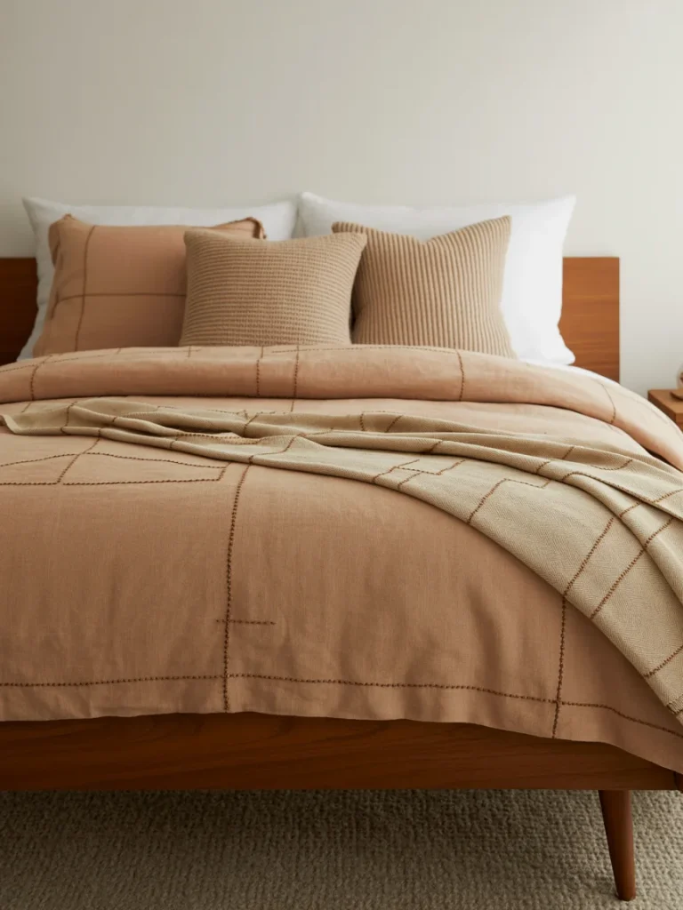 Mid-century modern bedding in warm neutral tones with textured pillows and stitched duvet on a wooden bed frame.