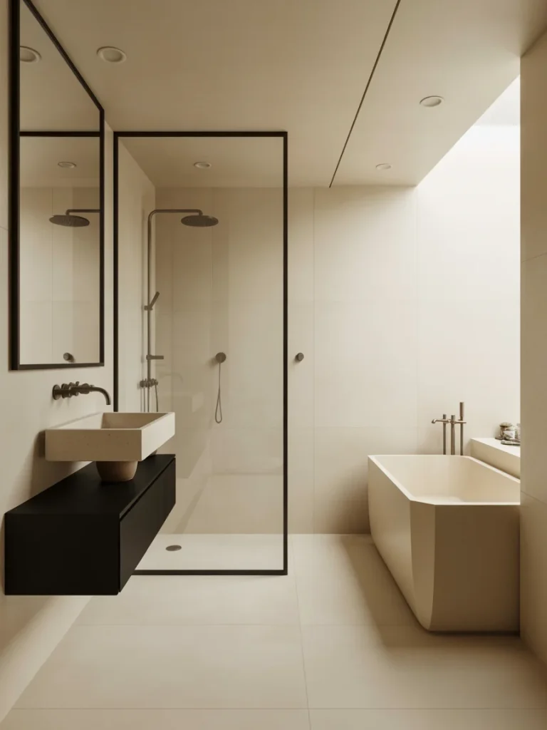 Modern minimalist bathroom with matte black fixtures, walk-in shower, and freestanding bathtub in neutral tones.
