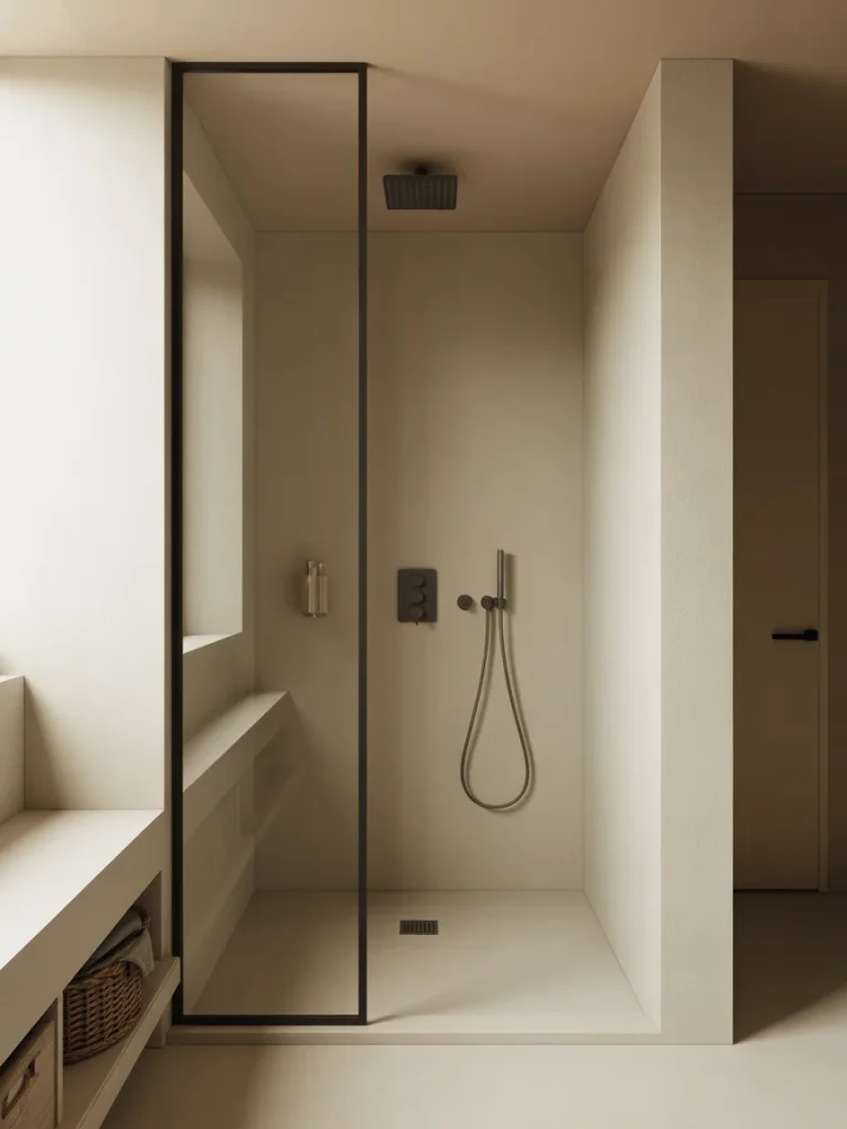 Minimalist walk-in shower with matte beige walls, black-framed glass divider, and modern rainfall showerhead.