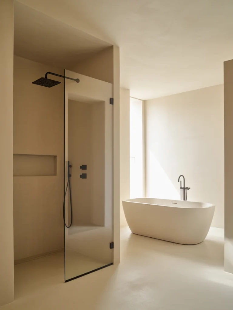 Modern minimalist bathroom with freestanding bathtub and glass-enclosed shower in warm neutral tones.