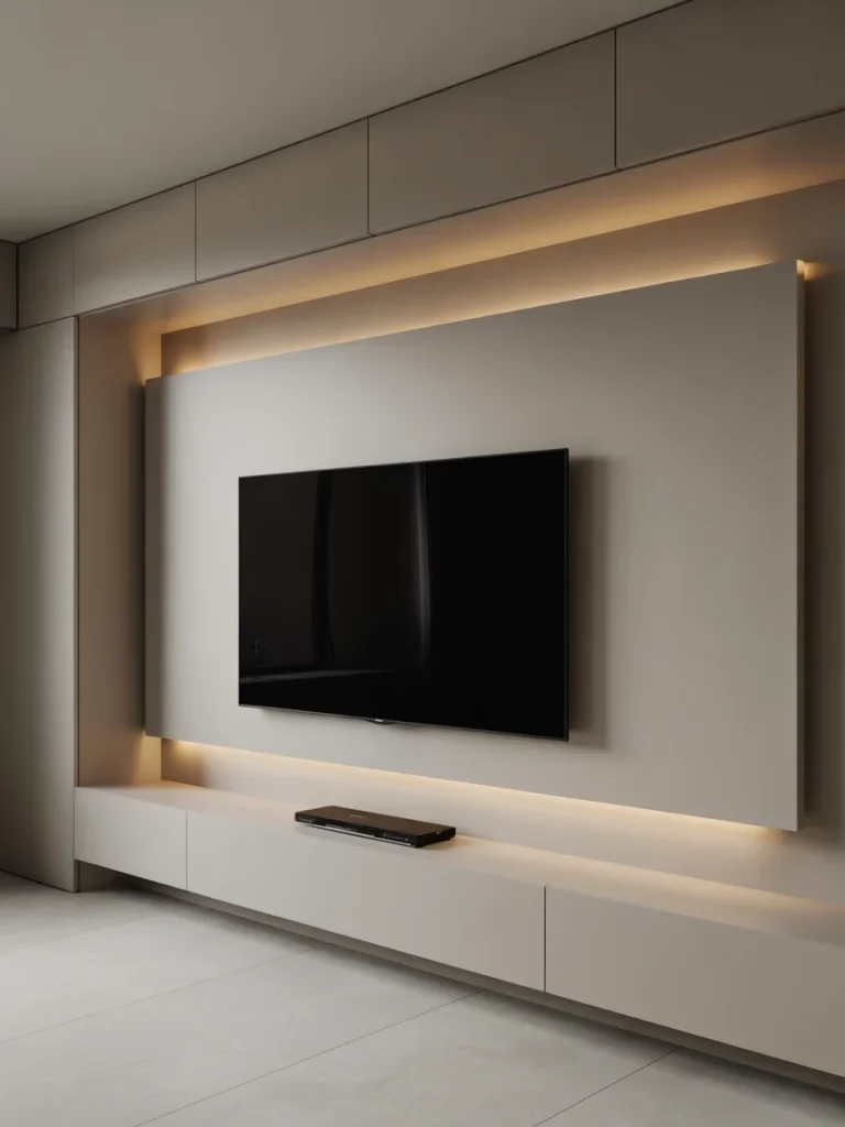 Minimalist TV wall design with sleek built-in panels, ambient backlighting, and floating console.
