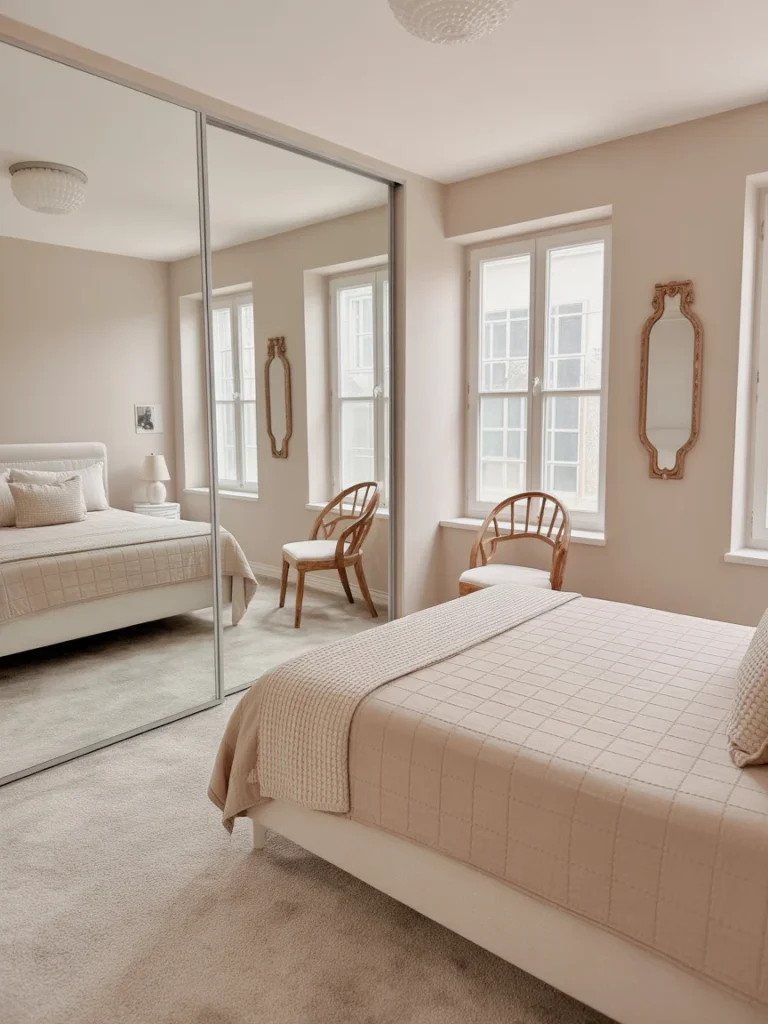 Small bedroom with mirrored closet doors that make the space appear larger and brighter.