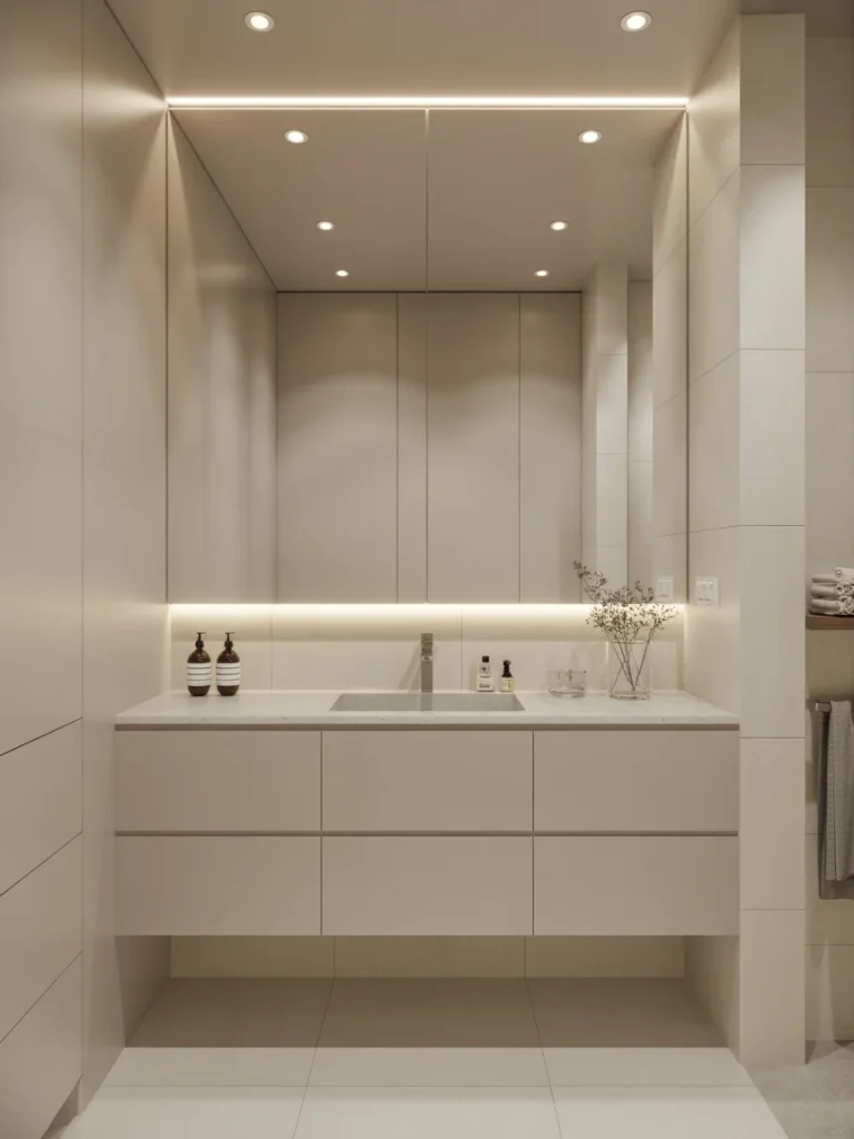 Modern minimalist bathroom with large mirror, soft lighting, and sleek floating vanity creating a spacious feel.
