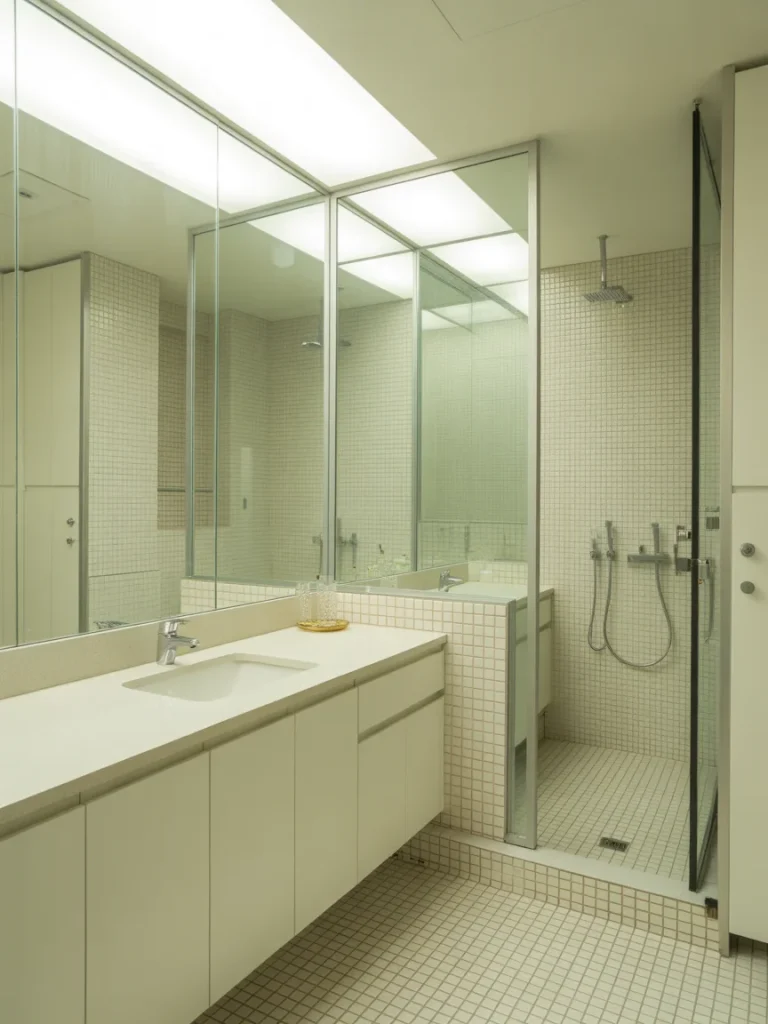 Small modern bathroom with floor-to-ceiling mirrors, glass shower enclosure, and minimalist vanity design.