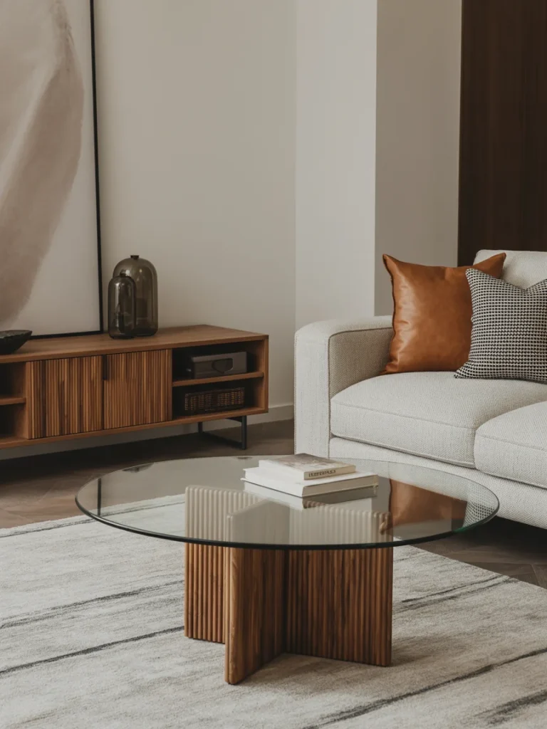 Modern living room featuring a glass coffee table with a wood base, a neutral sofa, and mixed materials that create visual balance.