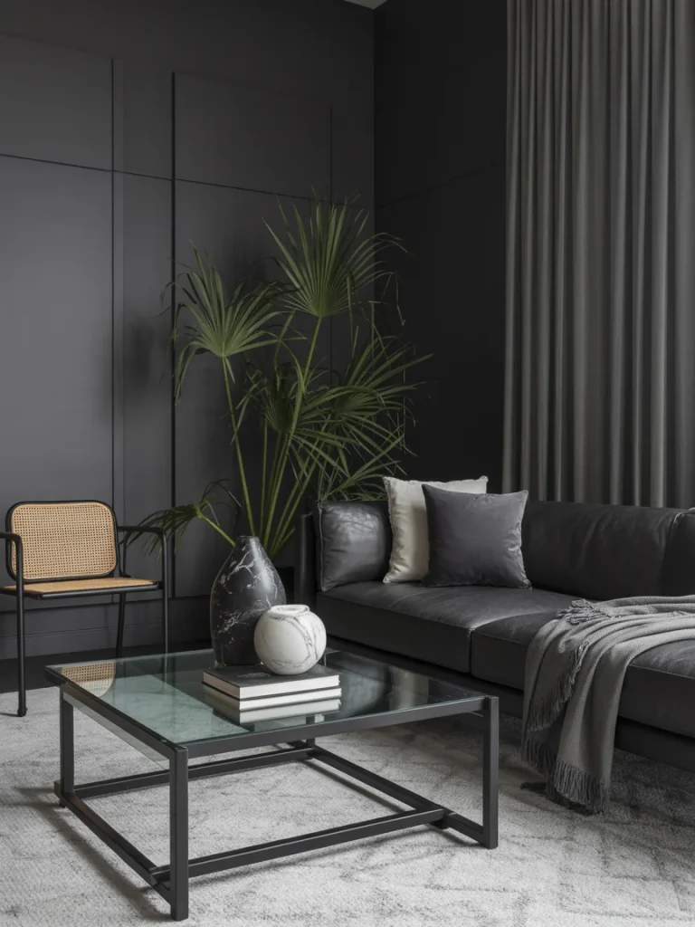 Modern black and grey living room featuring mixed materials like glass, leather, and natural wood.