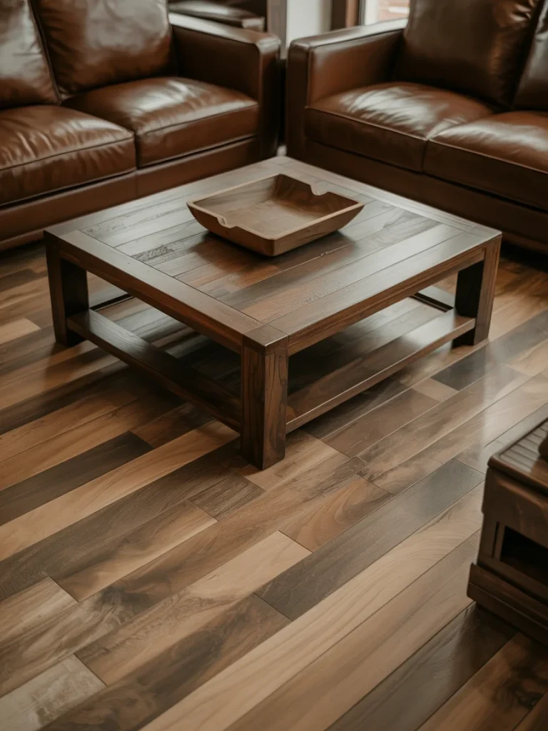 Brown living room featuring rich leather sofas, a dark wooden coffee table, and mixed wood flooring for a warm layered look.