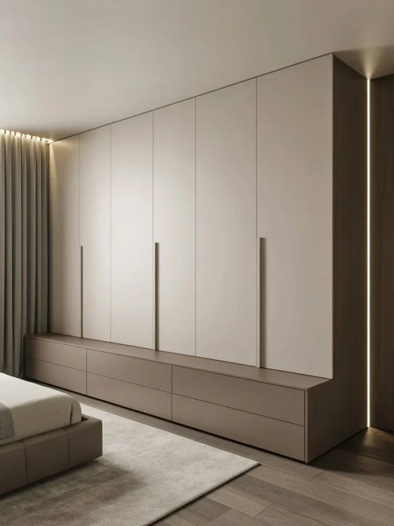 Sleek modern built-in dresser with minimalist cabinetry and soft neutral tones in a contemporary bedroom.